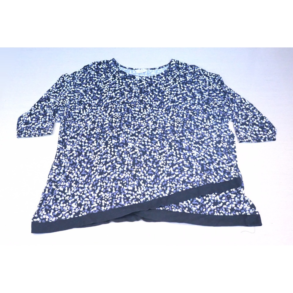 CJ Banks Womens 1X Plus Cotton Blend Knit Top Navy Print Crossover Hem Crew Neck